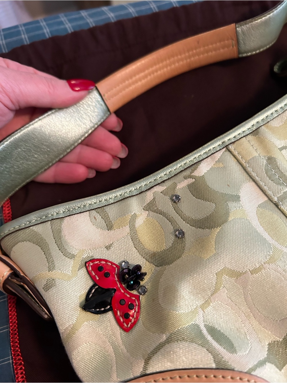 Coach Signature Hobo with Red Ladybug Accents — Green and Tan - Picture 4 of 6